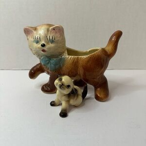 Vintage Ceramic Cat Planter and Miniature Kitten